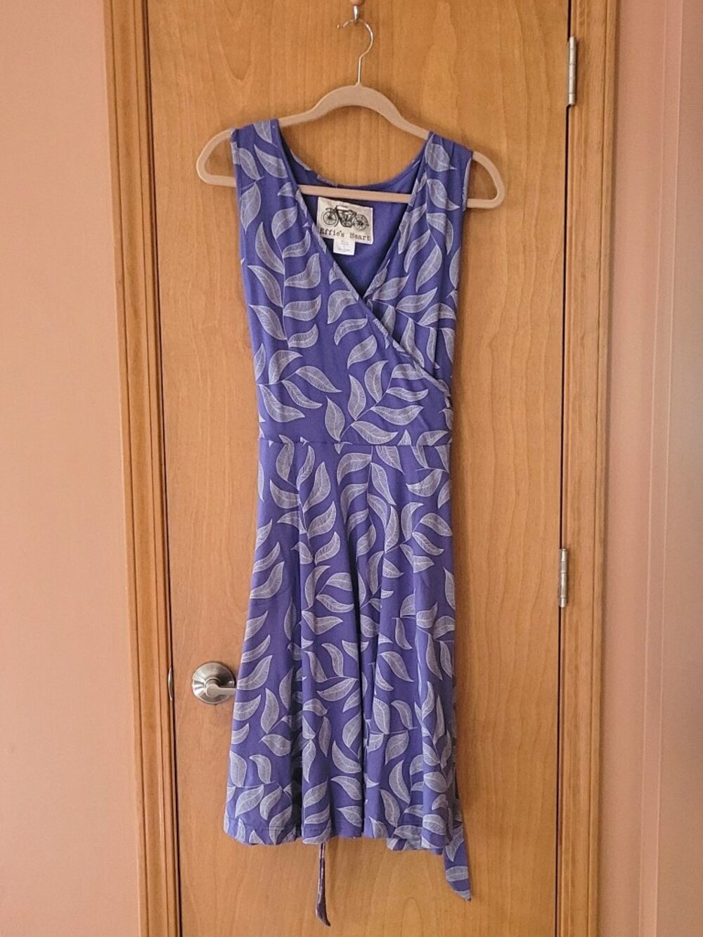 Effie’s Heart Faux Wrap Periwinkle Blue Sleeveless Dress with Leaf Print